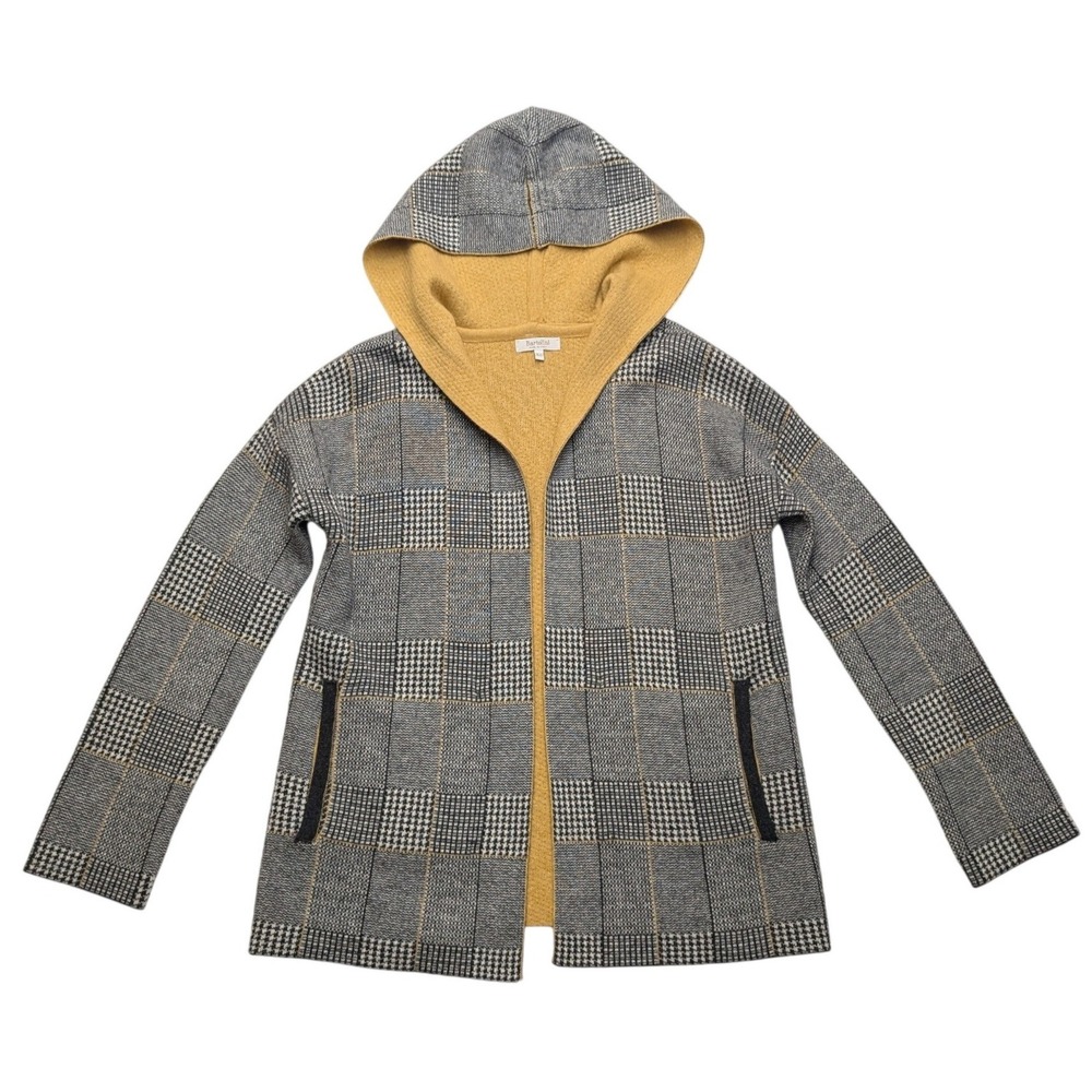 Bartolini Plaid Hooded Cardigan Women XS Grey Yellow Wool Cashmere Made in Italy
